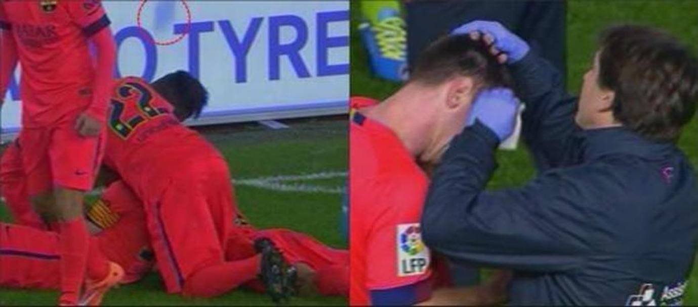 Ecco la bottiglietta lanciata dagli spalti e l&#39;intervento del massaggiatore dei catalani. Messi ha protestato con l&#39;arbitro ed  stato ammonito!